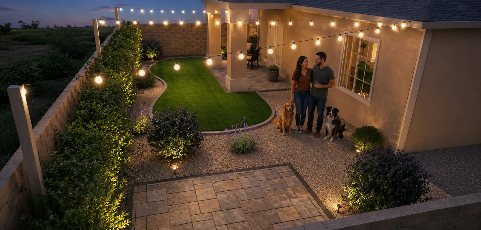 3d rendering backyard string lights night