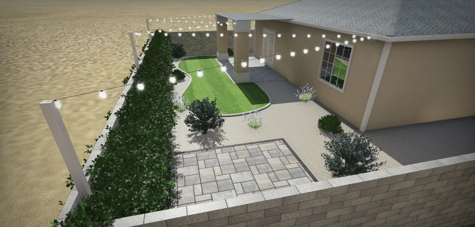 3d rendering backyard turf pavers