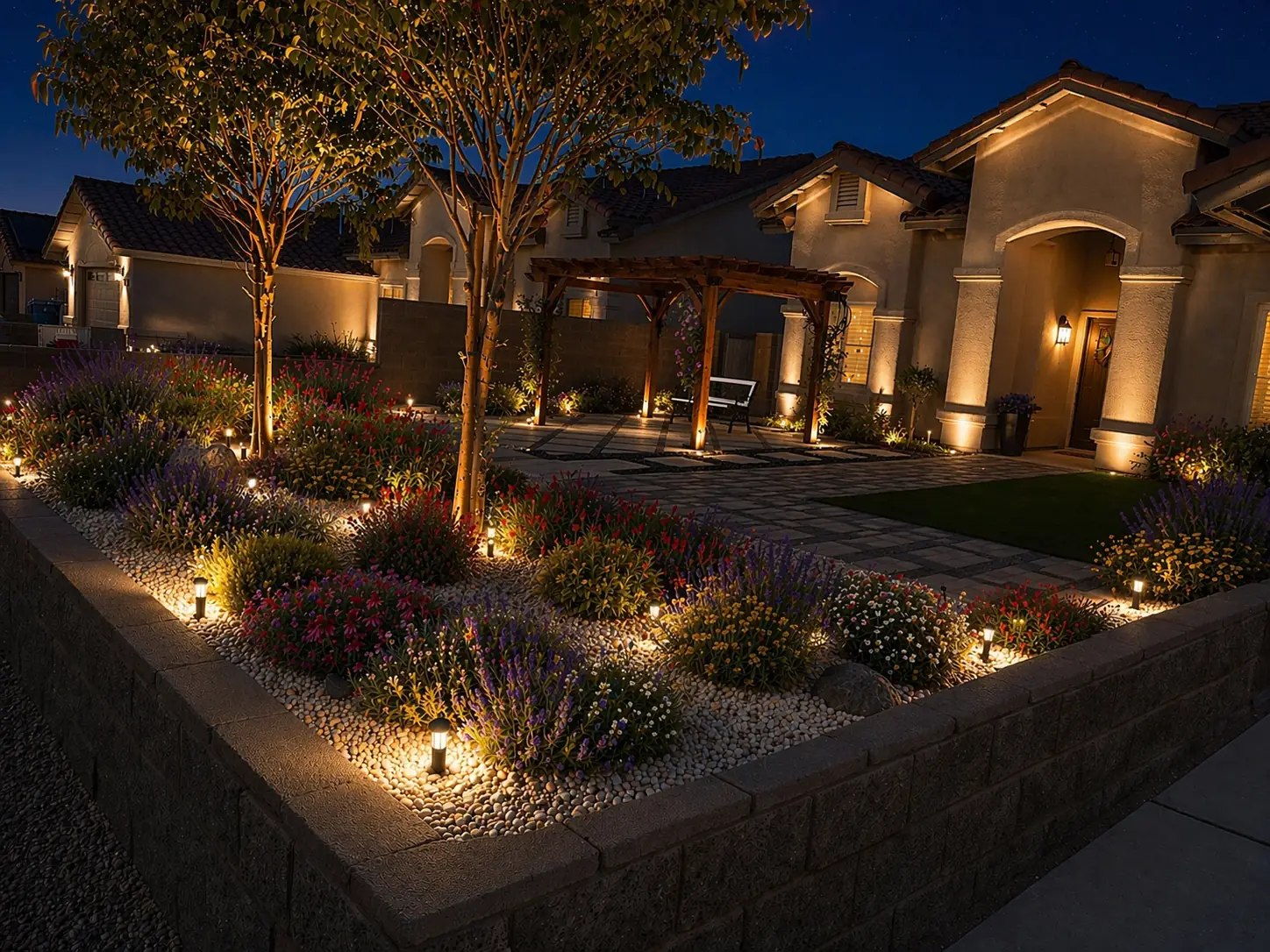 3d rendering front yard lighting night