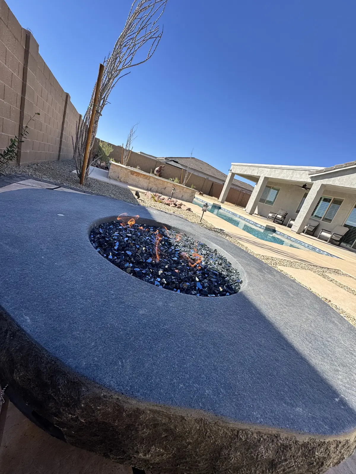 Fire pit glass pool deck