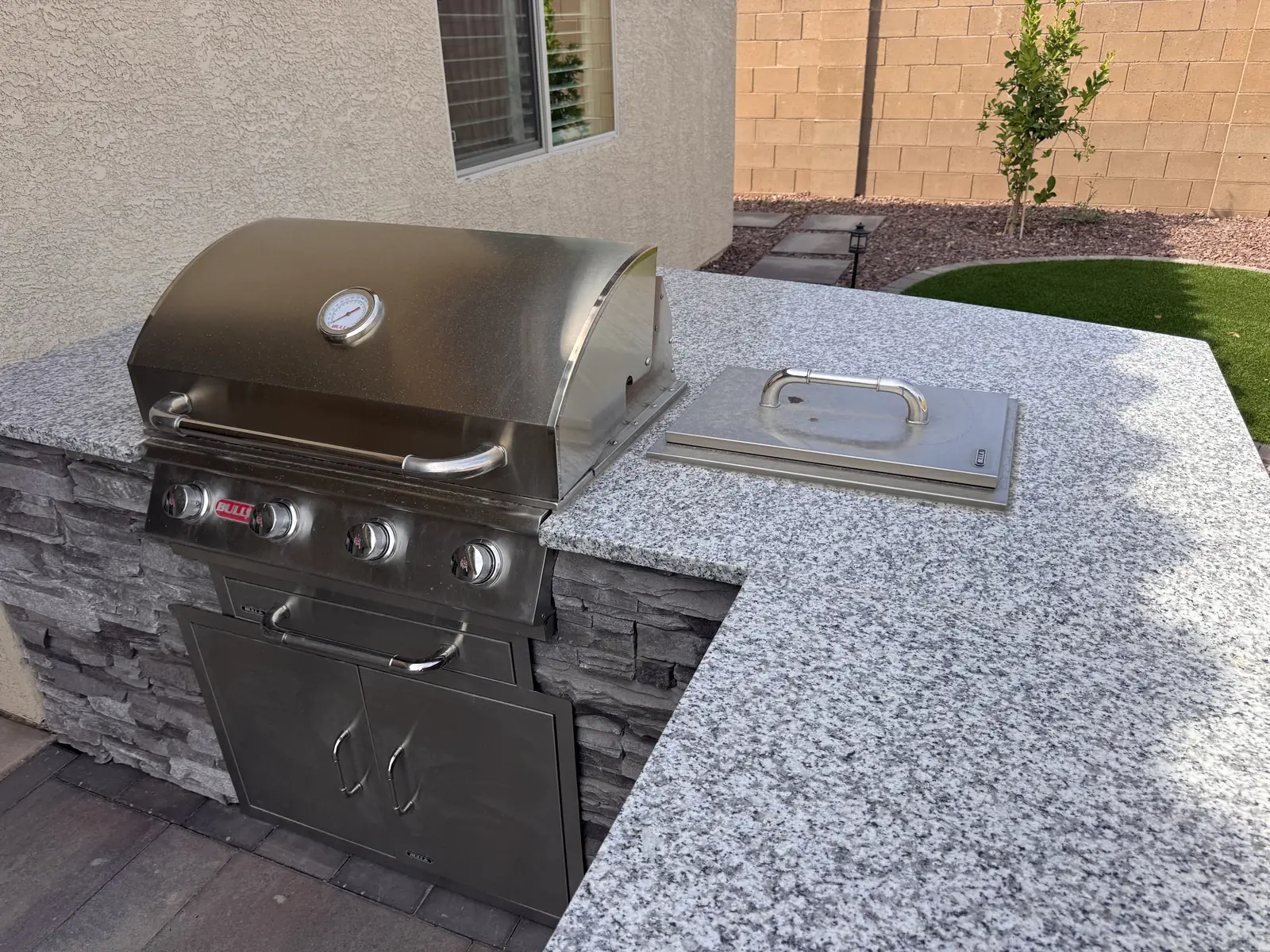 Outdoor kitchen grill granite close up