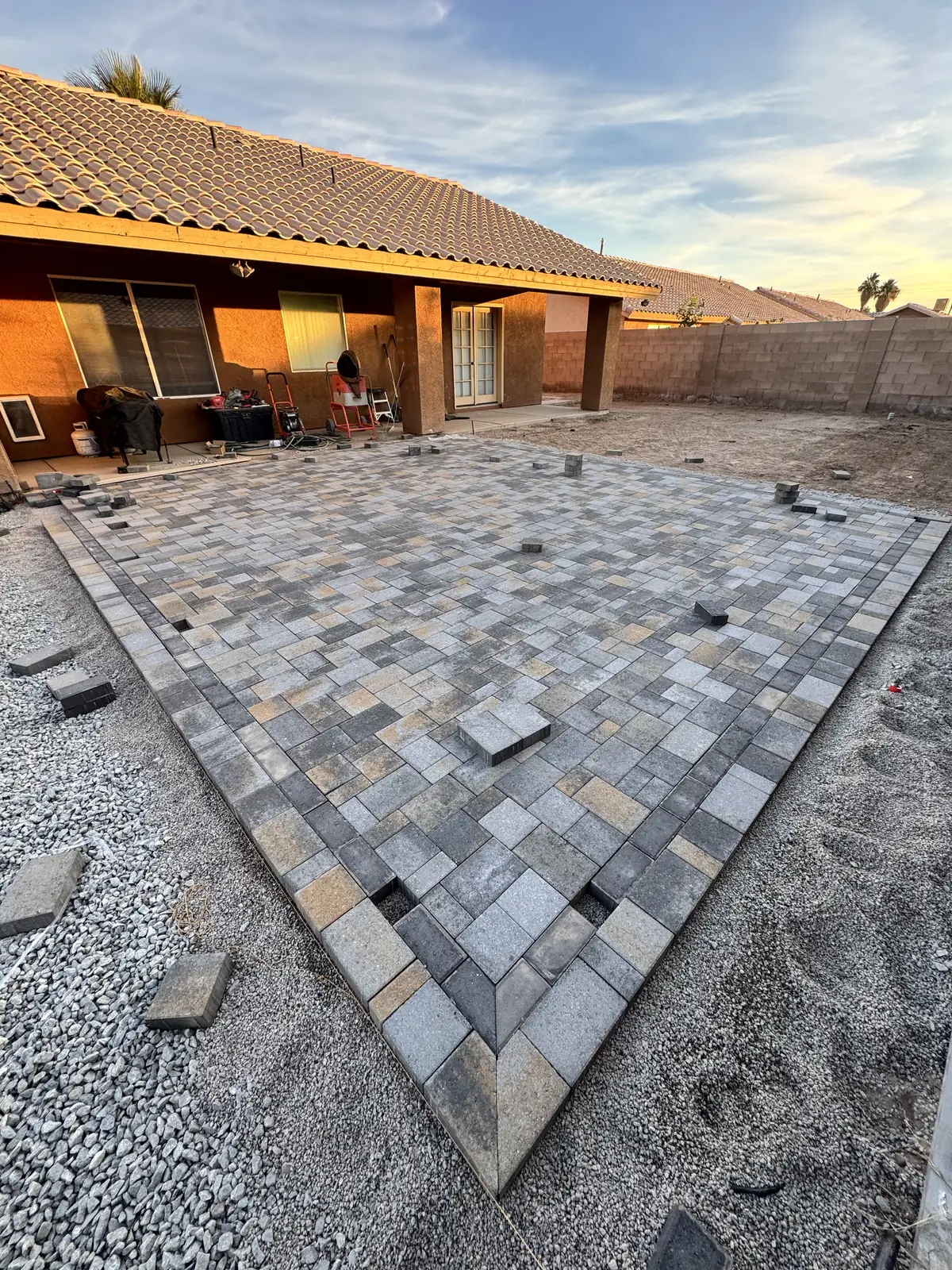 Paver patio covered patio sunset