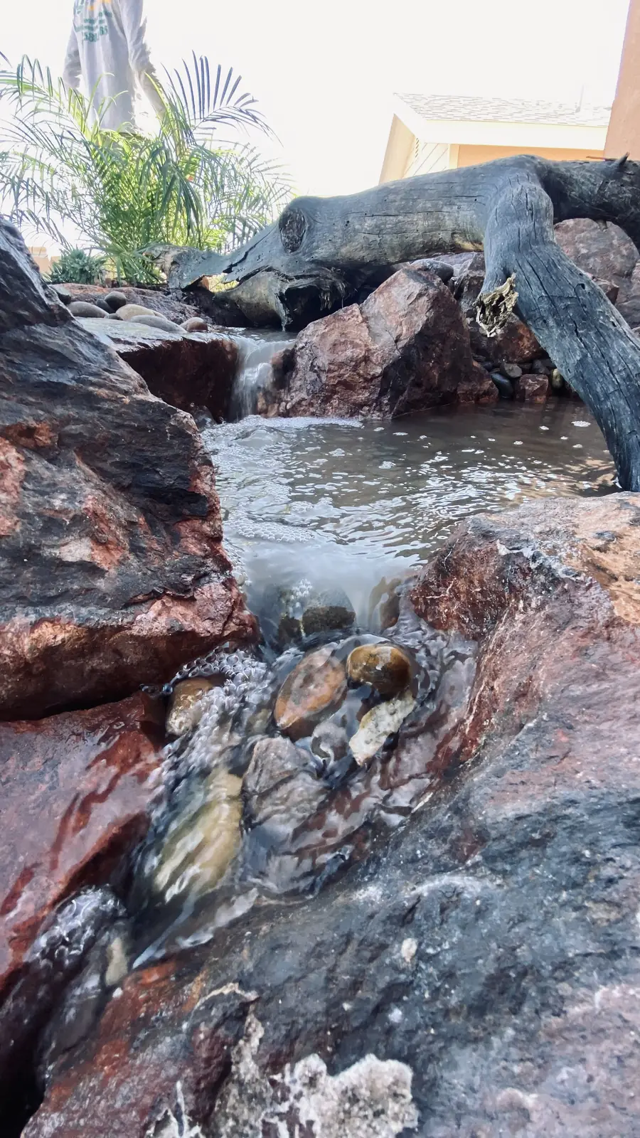 Pond waterfall boulder close up