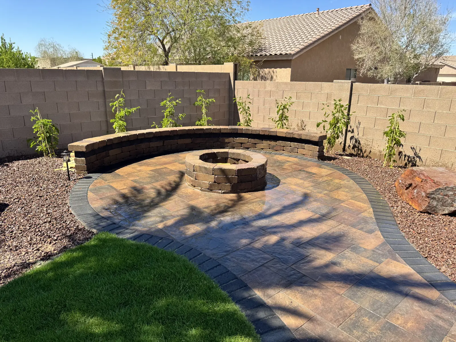 Seat wall fire pit backyard